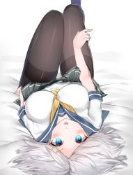 Rule 34 | 10s, 1girl, bad id, bad twitter id, between breasts, blue eyes, breasts, eyebrows, grey skirt, hair ornament, hairclip, hamakaze (kancolle), hand on own thigh, highres, kantai collection, large breasts, leg lift, looking at viewer, lying, necktie, necktie between breasts, on back, on bed, open mouth, pantyhose, school uniform, serafuku, shiny clothes, shirt, short sleeves, silver hair, skirt, solo, suzuharu toufu, upside-down, white shirt