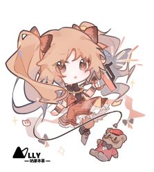 Rule 34 | 1girl, :o, arknights, black bow, blush, boots, bow, brown eyes, brown footwear, brown hair, brown jacket, brown skirt, chibi, commentary request, cross-laced footwear, full body, jacket, knee boots, lace-up boots, long hair, looking at viewer, mole, mole under eye, naichabencha, official alternate costume, open clothes, open jacket, parted lips, pinecone (arknights), pinecone (sing a song) (arknights), red jacket, shirt, short sleeves, skirt, solo, stuffed animal, stuffed toy, teddy bear, twintails, very long hair, white background, white shirt, wrist cuffs