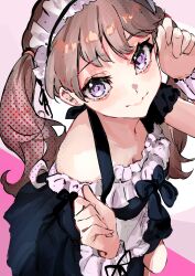Rule 34 | 1girl, alternate costume, apron, breasts, brown hair, cleavage, closed mouth, commentary request, enmaided, frilled cuffs, from above, fujishima megumi, halftone, highres, link! like! love live!, long hair, looking at viewer, love live!, maid, maid apron, off shoulder, oihlf, pink background, purple eyes, short sleeves, smile, solo, split mouth, twintails, two-tone background, virtual youtuber, white background, white wrist cuffs, wrist cuffs