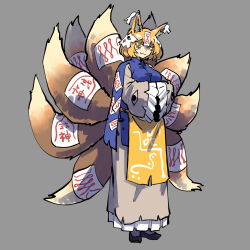 Rule 34 | 1girl, :3, adapted costume, animal ears, black footwear, blonde hair, closed mouth, commentary, english commentary, fox ears, fox girl, fox tail, full body, grey background, highres, kaibootsu, kitsune, long sleeves, looking at viewer, multiple tails, ofuda, short hair, simple background, solo, standing, tabard, tail, touhou, yakumo ran, yellow eyes