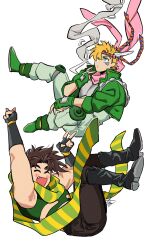 Rule 34 | 2boys, ^ ^, battle tendency, blonde hair, blue eyes, blush, boots, brown hair, caesar anthonio zeppeli, carota327, cigarette, closed eyes, crop top, double v, facial mark, falling, fang, feather hair ornament, feathers, fingerless gloves, gloves, green jacket, green scarf, hair ornament, highres, jacket, jojo no kimyou na bouken, joseph joestar, joseph joestar (young), knee pads, male focus, midriff, multicolored clothes, multicolored scarf, multiple boys, pink scarf, scarf, striped clothes, striped scarf, triangle print, v, vertical-striped clothes, vertical-striped scarf, yellow scarf
