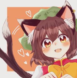 Rule 34 | 1girl, :d, animal ear fluff, animal ears, blush, border, bow, bowtie, brown eyes, brown hair, cat ears, chen, earrings, eyebrows hidden by hair, forked tail, green hat, hair between eyes, hat, jewelry, looking at viewer, mob cap, nekomata, ol07469724, open mouth, orange background, outside border, paw pose, red vest, short hair, simple background, single earring, smile, solo, tail, touhou, upper body, vest, white border, yellow bow, yellow bowtie