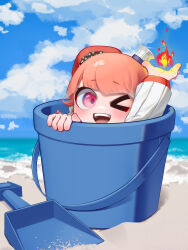 Rule 34 | &gt; o, 1girl, ;d, absurdres, appleblossomtea, beach, beret, blue sky, blush, bucket, chibi, cloud, commentary, day, english commentary, fire, hat, highres, hololive, hololive english, long sleeves, looking at viewer, magic, mini chef hat, multicolored hair, multiple hats, ocean, one eye closed, open mouth, orange hair, orange hat, outdoors, pyrokinesis, red eyes, sky, smile, solo, takanashi kiara, takanashi kiara (1st costume), teeth, upper teeth only, virtual youtuber, water