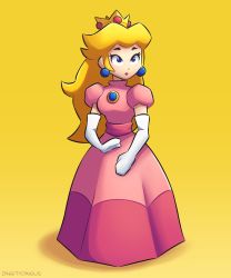 Rule 34 | 1girl, artist name, blonde hair, blue eyes, breasts, brooch, closed mouth, crown, dress, earrings, elbow gloves, expressionless, eyelashes, full body, gloves, highres, jewelry, lips, long dress, long hair, low poly, mario (series), nintendo, pink dress, pink lips, princess peach, puffy short sleeves, puffy sleeves, shadow, short sleeves, simple background, small breasts, solo, sphere earrings, standing, super mario 64, thick eyebrows, turtleneck, vinny (dingitydingus), white gloves, yellow background