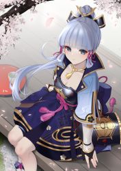 Rule 34 | 1girl, arm guards, armor, ayaka (genshin impact), blue eyes, blue hair, blunt bangs, blush, branch, breastplate, breasts, bridal gauntlets, cleavage, commentary request, cup, falling petals, genshin impact, hair ornament, hair ribbon, highres, japanese clothes, jewelry, long hair, looking at viewer, meda, mole, mole under eye, necklace, open mouth, parted lips, petals, pleated skirt, ponytail, ribbon, sidelocks, sitting, skirt, solo, tassel, tray