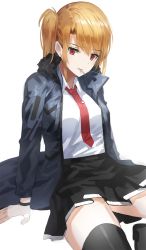 Rule 34 | 1girl, arm support, bad id, bad twitter id, black skirt, black thighhighs, blonde hair, blue jacket, closed mouth, collared shirt, copyright request, jacket, kfr, looking at viewer, mouth hold, necktie, one side up, open clothes, open jacket, pleated skirt, red eyes, red necktie, shirt, simple background, sitting, skirt, solo, thighhighs, white background, white shirt, wing collar, wristband