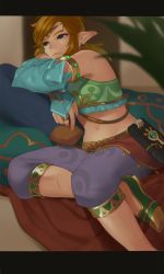 Rule 34 | 1boy, blonde hair, blue eyes, crossdressing, detached sleeves, earrings, from side, gerudo set (zelda), highres, ivy (sena0119), jewelry, link, male focus, midriff, mouth veil, navel, nintendo, official alternate costume, pointy ears, scar, solo, stomach, the legend of zelda, the legend of zelda: breath of the wild, trap, veil