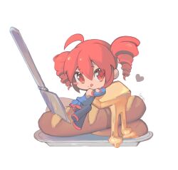 Rule 34 | 1girl, ahoge, baguette, blush stickers, boots, bread, butter, chibi, crossed arms, detached sleeves, drill hair, food, full body, highres, ianxy2, kasane teto, knife, long sleeves, on food, plate, pleated skirt, red eyes, red hair, shirt, skirt, sleeveless, sleeveless shirt, smile, solo, thigh boots, tongue, tongue out, twin drills, utau