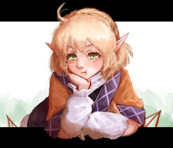Rule 34 | 1girl, ahoge, arm support, arm warmers, blonde hair, green eyes, hoshibuchi, letterboxed, mizuhashi parsee, pointy ears, pout, shirt, solo, tears, touhou