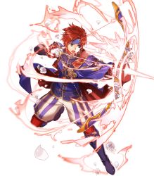 Rule 34 | 1boy, arrow (projectile), blue eyes, bow (weapon), bunbun, cape, drawing bow, fire emblem, fire emblem: the binding blade, full body, headband, highres, holding, holding bow (weapon), holding weapon, male focus, nintendo, official art, open mouth, red hair, roy (fire emblem), roy (valentine) (fire emblem), short hair, solo, transparent background, weapon