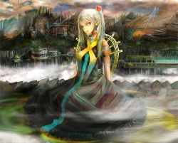 Rule 34 | bad id, bad pixiv id, bare shoulders, canyon, choker, cloud, dress, fantasy, flower, forest, hair flower, hair ornament, jasmine (jasco), nature, original, rock, skyline, solo, twintails, white hair, yellow eyes