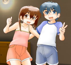 Rule 34 | 1boy, 1girl, :d, blue eyes, blue hair, brown eyes, brown hair, child, copyright request, open mouth, shorts, smile, sonnano ari, tagme, thumbs up, v