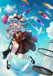 Rule 34 | 1girl, ascot, black footwear, blue sky, bow, buttobinenenene, cat, closed eyes, flandre scarlet, full body, hat, hat bow, highres, mob cap, open mouth, puffy short sleeves, puffy sleeves, red bow, red skirt, short sleeves, skirt, sky, socks, solo, touhou, white socks, wings, yellow ascot