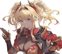 Rule 34 | 1girl, absurdres, aqua eyes, armor, blonde hair, breasts, brown hairband, cleavage, finger gun, granblue fantasy, grin, hair intakes, hairband, highres, large breasts, looking at viewer, parted lips, simple background, smile, solo, twintails, upper body, white background, wizast, zeta (granblue fantasy)