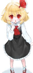 Rule 34 | 1girl, aorin oekaki, ascot, bad id, bad twitter id, black skirt, black vest, blonde hair, blush, collared shirt, fang, fingernails, frilled shirt collar, frilled skirt, frills, hair between eyes, hair ribbon, highres, long sleeves, looking at viewer, nail polish, open mouth, red ascot, red eyes, red footwear, red nails, red ribbon, ribbon, rumia, shirt, shoes, short hair, simple background, skirt, socks, solo, standing, touhou, vest, white background, white shirt, white socks