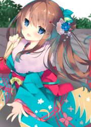 Rule 34 | 1girl, bag, blue eyes, blue flower, blue kimono, blurry, blush, brown hair, bush, depth of field, floating hair, floral print, flower, fur collar, furisode, hair flower, hair ornament, hairclip, hand up, holding, japanese clothes, kanzashi, kimono, kinchaku, long hair, obi, open mouth, original, outdoors, outstretched hand, plant, pouch, sash, satsuki mayuri, smile, solo, stairs, wide sleeves