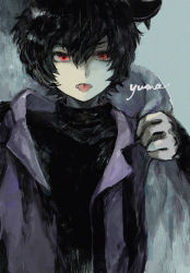 Rule 34 | 1boy, black hair, black sweater, character name, creature, dressing, hair between eyes, hand up, holding, jacket, kuga yuuma, long sleeves, looking at viewer, male focus, purple jacket, replica, short hair, simple background, solo focus, sorayumeamano, sweater, tongue, tongue out, traditional media, turtleneck, turtleneck sweater, upper body, world trigger