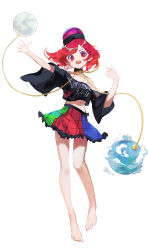 Rule 34 | 1girl, absurdres, barefoot, black headwear, black shirt, chain, clothes writing, daedalu, earth (ornament), frilled skirt, frills, full body, hecatia lapislazuli, highres, long sleeves, moon (ornament), multicolored clothes, multicolored skirt, navel, off-shoulder shirt, off shoulder, open mouth, red eyes, red hair, shirt, short hair, simple background, skirt, smile, solo, t-shirt, touhou, white background
