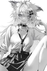Rule 34 | 1girl, absurdres, ahoge, animal ear fluff, animal ears, arknights, arm support, blush, breasts, breasts apart, buttoned cuffs, buttons, choker, collarbone, collared shirt, commentary request, cowboy shot, dress shirt, eyelashes, fangs, fingernails, greyscale, hair between eyes, hair ornament, hairclip, hand up, hatching (texture), highres, knee up, lappland (arknights), linear hatching, long fingernails, long hair, long sleeves, looking at viewer, medium breasts, messy hair, miniskirt, monochrome, nail polish, necktie, open clothes, open shirt, parted lips, partially unbuttoned, pleated skirt, reiya mof, scar, scar across eye, scar on face, sharp fingernails, sharp teeth, shirt, shirt tucked in, simple background, sitting, skirt, sleeve cuffs, smile, solo, teeth, thighs, unbuttoned, unbuttoned shirt, very long fingernails, wolf ears, wolf girl