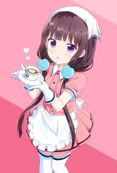 Rule 34 | 1girl, absurdres, apron, black hair, blend s, blush, coffee, gloves, hair ornament, head scarf, highres, latte art, long hair, looking at viewer, low twintails, maid, noven, open mouth, pink background, purple eyes, sakuranomiya maika, short sleeves, solo, stile uniform, thighhighs, twintails, uniform, waitress, white gloves, white thighhighs
