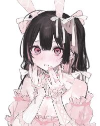 Rule 34 | 1girl, animal ears, bare shoulders, black hair, blush, breasts, cleavage, dress, fake animal ears, hair ribbon, heart, heart-shaped pupils, highres, iq033, looking at viewer, medium breasts, multicolored hair, original, parted lips, pink dress, pink eyes, pink hair, rabbit ears, ribbon, simple background, solo, streaked hair, symbol-shaped pupils, two-tone hair, upper body, white background