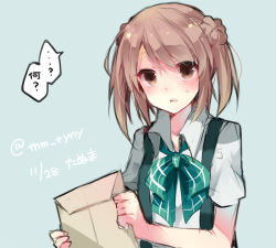 Rule 34 | 10s, 1girl, artist name, bad id, bad pixiv id, blush, bow, bowtie, brown eyes, brown hair, dated, double bun, ikeuchi tanuma, kantai collection, michishio (kancolle), solo, suspenders, translation request, twintails, twitter username