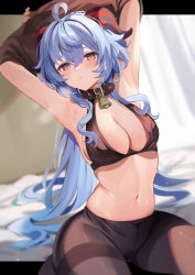 Rule 34 | 1girl, ahoge, armpits, arms up, bell, blue hair, blush, breasts, brown collar, cleavage, closed mouth, clothes lift, collar, crotch seam, ganyu (genshin impact), genshin impact, goat horns, highres, horns, large breasts, lifting own clothes, long hair, looking at viewer, navel, neck bell, pantyhose, purple eyes, satoupote, shirt lift, solo, stomach, sweat, thighband pantyhose, very long hair, wavy hair