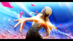 Rule 34 | 1girl, 71, beach, blonde hair, cloud, day, dress, from behind, k-on!, kotobuki tsumugi, letterboxed, light rays, long hair, ocean, open mouth, outstretched arms, petals, sky, solo, spread arms, sunbeam, sundress, sunlight, water