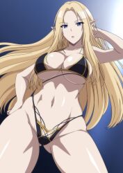 Rule 34 | 1girl, alpha (kage no jitsuryokusha ni naritakute!), arm behind head, bikini, black bikini, blonde hair, blue eyes, breasts, cleavage, elf, feet out of frame, from below, gluteal fold, groin, hand on own hip, highres, kage no jitsuryokusha ni naritakute!, large breasts, long hair, looking at viewer, makiri akira, navel, open mouth, pointy ears, simple background, solo, stomach, sun, sunlight, swimsuit, underboob, very long hair