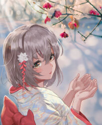 Rule 34 | 1girl, absurdres, back bow, blush, bow, branch, commentary, cupping hands, english commentary, flower, grey eyes, grey hair, hair between eyes, hair ornament, hands up, highres, japanese clothes, kimono, looking at viewer, medium hair, mixed-language commentary, original, own hands together, parted lips, portrait, red bow, red flower, solo, sub chon9, white kimono, wide sleeves