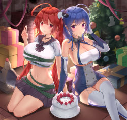 Rule 34 | 2girls, :d, absurdres, animal ears, antenna hair, ass, azur lane, bare legs, bare shoulders, barefoot, black hair, black sailor collar, black skirt, black thighhighs, blue hair, blush, braid, breasts, buttons, cake, china dress, chinese clothes, christmas tree, cleavage, cleavage cutout, clothing cutout, commentary, crop top, crossed legs, double-breasted, dress, elbow gloves, embarrassed, fang, fangs, feet, flower, food, from below, fruit, garter straps, gift, gloves, gradient hair, green ribbon, grey dress, hair flower, hair ornament, half gloves, hand in own hair, hand on own thigh, highres, honolulu (azur lane), honolulu (umbrella girl) (azur lane), horns, i-168 (azur lane), i-19 (azur lane), kurono suzuran, large breasts, long hair, looking at viewer, looking down, merry christmas, midriff, miniskirt, multicolored hair, multiple girls, navel, no shoes, official alternate costume, one-piece swimsuit, open mouth, pelvic curtain, photo (object), pleated skirt, purple eyes, red eyes, red hair, revealing clothes, ribbon, ribbon between breasts, sailor collar, school swimsuit, seiza, shirt, short sleeves, side braid, sideboob, simple background, sirius (azur lane), sirius (azure horizons) (azur lane), sitting, skirt, sleeveless, sleeveless dress, smile, st. louis (azur lane), strawberry, swimsuit, symbol-shaped pupils, tail, thighhighs, toes, very long hair, white background, white garter straps, white gloves, white hair, white one-piece swimsuit, white shirt, white thighhighs, x hair ornament