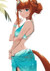 Rule 34 | 1girl, absurdres, blue eyes, blue sarong, blunt bangs, blush, bracelet, braid, brown hair, commentary, cowboy shot, crown braid, flower, gradient bikini, hair flower, hair ornament, highres, horse girl, horse tail, jewelry, kama o nu, looking at viewer, official alternate costume, official alternate hairstyle, sarong, silence suzuka (emerald on the waves) (umamusume), silence suzuka (umamusume), simple background, solo, swimsuit, tail, umamusume, wet, white background