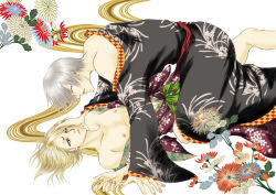 Rule 34 | 00s, 2boys, all fours, alternate costume, artist request, bare shoulders, bleach, blonde hair, couple, closed eyes, flower, ichimaru gin, japanese clothes, kimono, kira izuru, looking at another, lying, male focus, multiple boys, nail polish, nipples, off shoulder, on back, open clothes, open shirt, ribbon, shirt, yaoi