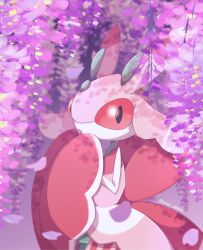 Rule 34 | absurdres, blurry, commentary request, creatures (company), day, falling petals, from side, game freak, gen 7 pokemon, highres, looking at viewer, lurantis, nintendo, no humans, outdoors, petals, pink eyes, pokemon, pokemon (creature), poppiina, shadow, solo