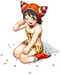 Rule 34 | 1girl, animal print, bandeau, bare shoulders, black eyes, black hair, boots, bow, brown eyes, brown hair, collarbone, detached collar, female focus, from above, full body, hand up, hat, looking at viewer, maruta kentarou, miniskirt, one eye closed, open mouth, red bow, red footwear, rubber boots, seiza, shadow, shirt, short hair, shorts, simple background, sitting, skirt, solo, strapless, tears, tiger print, tube top, white background