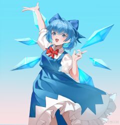Rule 34 | 1girl, :d, absurdres, arm up, blue bow, blue dress, blue eyes, blue hair, blush, bow, bowtie, chinese commentary, cirno, collared shirt, commentary request, detached wings, dress, feet out of frame, frilled dress, frills, hair bow, highres, huoqia, ice, ice wings, looking at viewer, open mouth, puffy short sleeves, puffy sleeves, red bow, red bowtie, shirt, short hair, short sleeves, smile, solo, touhou, weibo logo, weibo watermark, white shirt, wings