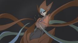 Rule 34 | black sclera, blue skin, colored sclera, colored skin, commentary, cowboy shot, creatures (company), dark skin, deoxys, deoxys (normal), fu04pk, game freak, gen 3 pokemon, grey background, highres, mythical pokemon, nintendo, pokemon, pokemon (creature), solo, tentacles, yellow eyes