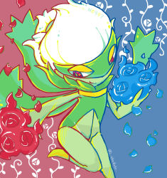 Rule 34 | 1girl, akadako, artist name, blue background, blue flower, blue rose, closed mouth, colored skin, creatures (company), female focus, flat chest, flower, game freak, gen 4 pokemon, green skin, half-closed eyes, hand up, happy, knees together feet apart, leg up, monster girl, nintendo, petals, plant girl, pokedex number, pokemon, pokemon (creature), red background, red eyes, red flower, red rose, rose, roserade, short hair, sideways mouth, signature, smile, solo, standing, standing on one leg, twitter username, two-tone background, white hair