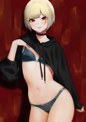 Rule 34 | 1girl, :d, absurdres, black bra, black choker, black dress, black panties, black sweater, blonde hair, blue hair, blush, bow, bow bra, bow panties, bra, braid, breasts, choker, clothes lift, cowboy shot, drawstring, dress, dress lift, fang, gradient hair, highres, hood, hooded dress, hooded sweater, lingerie, long sleeves, looking at viewer, multicolored hair, navel, nezuko, open mouth, original, panties, red eyes, short hair, side braid, skin fang, sleeves past wrists, small breasts, smile, solo, stomach, sweater, sweater dress, sweater lift, underwear