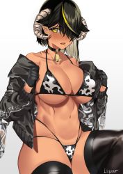 Rule 34 | 1girl, absurdres, animal print, artist name, bell, bikini, black gloves, black hair, black jacket, black thighhighs, blonde hair, blush, breasts, cleavage, collar, collarbone, cow print, dark-skinned female, dark elf, dark skin, elf, female focus, gloves, highres, horns, j.moon, jacket, large breasts, lilith (lilycious), looking at viewer, multi-strapped bikini bottom, multicolored hair, navel, neck bell, nose blush, original, parted lips, pointy ears, sharp teeth, short hair, simple background, solo, streaked hair, swimsuit, tan, teeth, thighhighs, thighs, two-tone hair, white background, yellow eyes