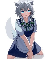 Rule 34 | 1girl, absurdres, animal ears, apron, blue eyes, bow, braid, commentary request, dog ears, dog tail, full body, green bow, grey hair, hair bow, highres, inu sakuya (nejikirio), izayoi sakuya, looking at viewer, maid, mikan (manmarumikan), open mouth, side braids, simple background, solo, tail, touhou, twin braids, v arms, waist apron, white background