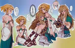 Rule 34 | 1boy, 1girl, archaic set (zelda), arm tattoo, armlet, ass, backless dress, backless outfit, bare shoulders, barefoot, blonde hair, blood, blush, body markings, braid, breasts, carrying, choker, circlet, cowboy shot, dress, earrings, full body, gladiator sandals, gradient background, green tunic, hair between eyes, hand on own chest, highres, jewelry, kneeling, link, long hair, medium breasts, multicolored clothes, multicolored dress, multiple views, nintendo, nosebleed, parted bangs, pointy ears, princess carry, princess zelda, sandals, short hair, shuo yue, side braid, sidelocks, standing, strapless, strapless dress, tattoo, the legend of zelda, the legend of zelda: tears of the kingdom, translation request