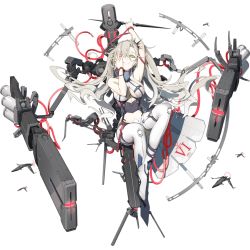 Rule 34 | 1girl, aircraft, arm up, artist request, black surge night, breasts, clothing cutout, enterprise (black surge night), green eyes, grey hair, hand over eye, heterochromia, large breasts, long hair, looking at viewer, official art, pale skin, red eyes, rigging, sitting, smile, solo, thighhighs, transparent background, tube, twintails, underboob, underboob cutout, white thighhighs