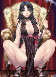 Rule 34 | 1girl, arm behind back, bare legs, bare shoulders, between legs, black dress, black hair, bow, bracelet, breasts, chair, choker, cleavage, clenched hand, collarbone, cross-laced footwear, curtains, dress, feet, fingernails, full body, green eyes, grin, groin, high heels, hip bones, holding, holding weapon, indoors, jewelry, knees up, lace, lace-trimmed dress, lace trim, large breasts, legs, long fingernails, long hair, looking at viewer, no bra, no panties, original, parted bangs, pelvic curtain, ran&#039;ou (tamago no kimi), sandals, sash, side slit, sideboob, smile, solo, spread legs, squatting, staff, toes, very long hair, weapon, wide hips