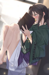 Rule 34 | 1girl, bealphareth, blush, book, bracelet, brown hair, commentary request, covering own mouth, curtains, dress, green eyes, green scarf, highres, holding, holding book, indoors, jewelry, knees up, noel (bealphareth), pallad, scarf, short hair, sitting, solo, window