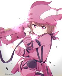 Rule 34 | &gt;:), 1girl, animal ears, animal hat, arm strap, arm up, artist name, backlighting, bafarin, bandana, bloom, blunt bangs, blurry, blush, bob cut, breast pocket, brown hair, bullpup, camouflage, cowboy shot, depth of field, diffraction spikes, elbow pads, finger on trigger, fur-trimmed gloves, fur trim, gloves, gradient background, grin, gun, hat, head tilt, highres, holding, holding gun, holding weapon, holster, jacket, knee pads, knee up, leg strap, leg up, llenn (sao), long sleeves, looking at viewer, p-chan (p90), p-chan (sao), p90, pants, personal defense weapon, pink bandana, pink eyes, pink gloves, pink hat, pink jacket, pink neckwear, pink pants, pocket, rabbit ears, rabbit hat, scratches, short hair, simple background, sleeve cuffs, smile, smirk, solo, standing, submachine gun, swept bangs, sword art online, sword art online alternative: gun gale online, teeth, tsurime, twisted torso, weapon, white background
