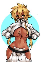 Rule 34 | 1girl, absurdres, arrancar, black gloves, bleach, blonde hair, blush, breast tattoo, breasts, covered mouth, dark-skinned female, dark skin, gloves, green eyes, hair between eyes, highres, hip vent, large breasts, low twintails, narrow waist, navel, no bra, no panties, number tattoo, pants, revealing clothes, shrug (clothing), solo, stomach, sweat, tattoo, tier harribel, twintails, underboob, white pants, zanamaoria