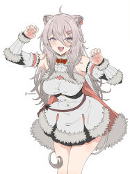 Rule 34 | 1girl, animal ears, artist name, bow, bowtie, cape, claw pose, cosplay, detached sleeves, dress, ear piercing, fur-trimmed cape, fur-trimmed dress, fur-trimmed sleeves, fur trim, grey eyes, grey hair, hair ornament, hairclip, highres, hololive, lion ears, lion girl, lion tail, looking at viewer, open mouth, piercing, red bow, red bowtie, ribbed sleeves, shishiro botan, short dress, simple background, sleeveless, sleeveless dress, solo, tail, tsunomaki watame, tsunomaki watame (1st costume), tsunomaki watame (cosplay), vinhnyu, virtual youtuber, white background