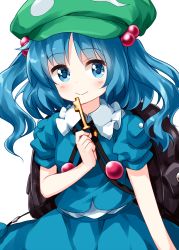 Rule 34 | 1girl, backpack, bag, blue eyes, blue hair, blue skirt, closed mouth, flat cap, green hat, hair bobbles, hair ornament, hat, highres, holding, holding key, kawashiro nitori, key, looking at viewer, medium hair, pocket, ruu (tksymkw), shirt, short sleeves, simple background, skirt, skirt set, smile, solo, standing, touhou, twintails, two side up, white background, white shirt