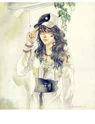 Rule 34 | 1girl, baseball cap, black hair, breasts, claparo, cleavage, coat, face, female focus, green eyes, hat, jewelry, lips, long hair, long sleeves, medium breasts, necklace, off shoulder, painting (medium), plant, ring, solo, star (symbol), themed object, traditional media, watercolor (medium), yin yang